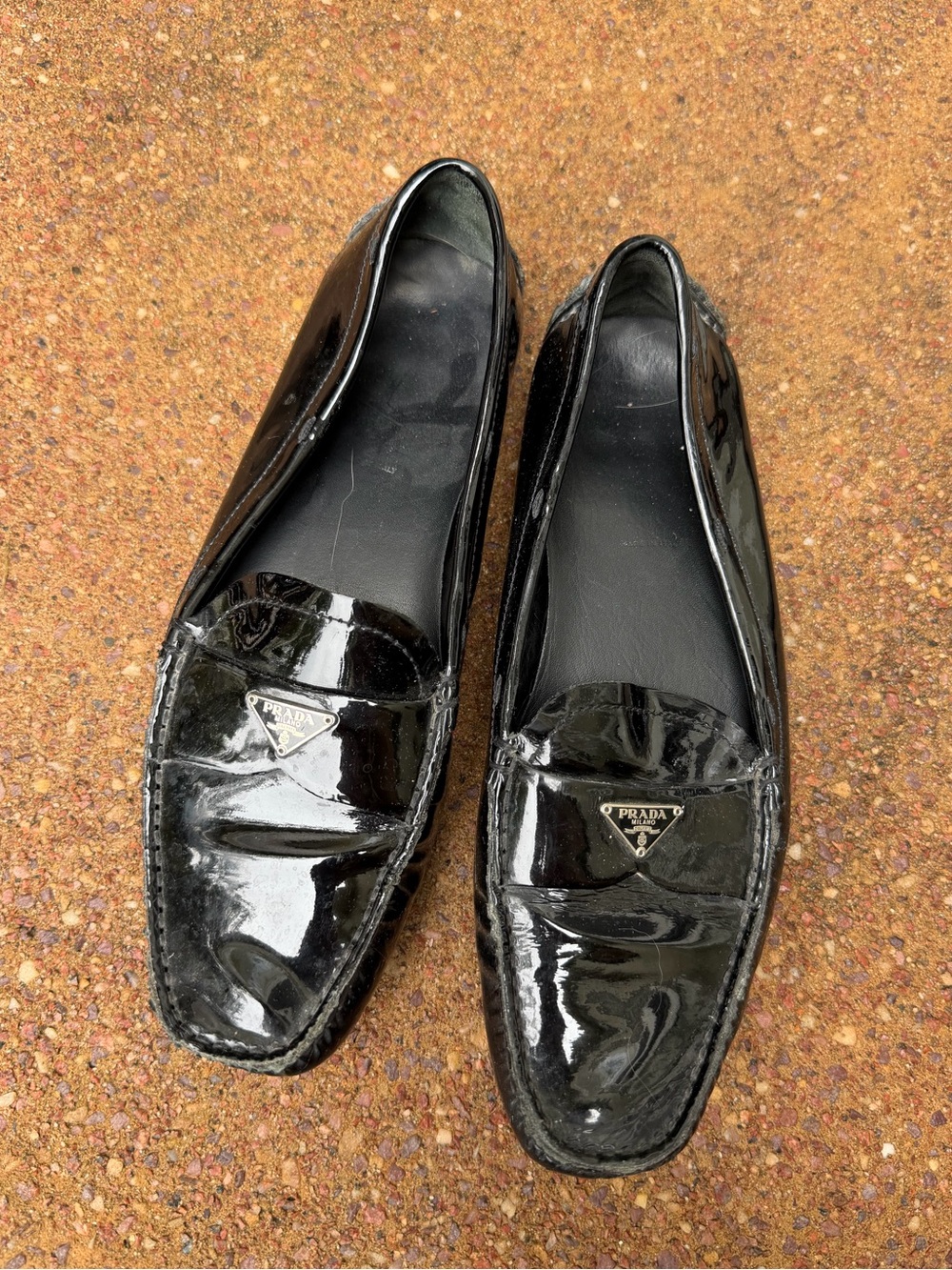 Prada Patent Leather Black Driving Loafers Triangle Logo size 38